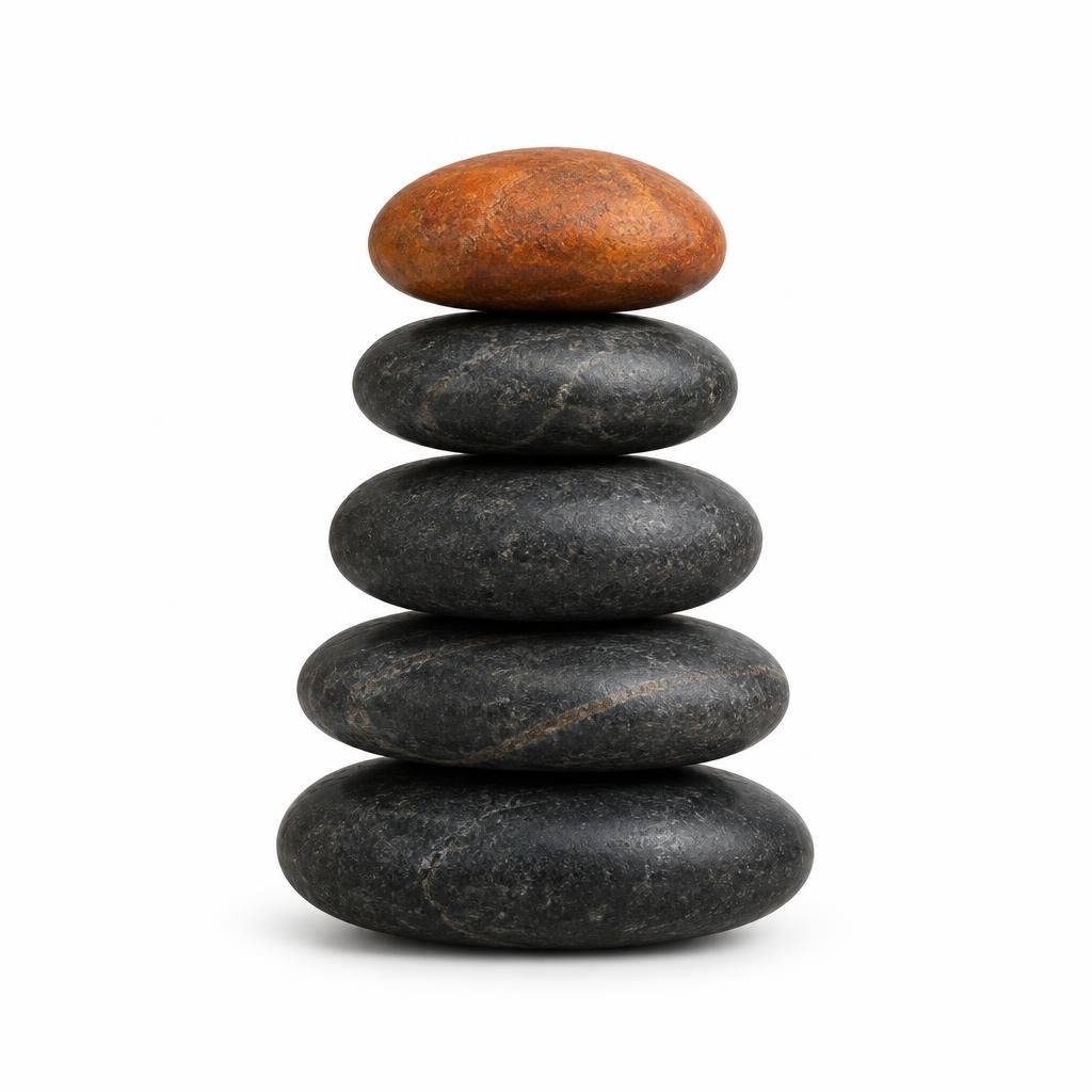 Piedras apiladas con una piedra rojiza arriba