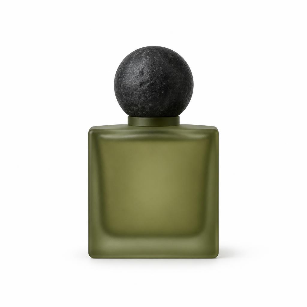 Frasco de perfume verde oliva sin etiqueta