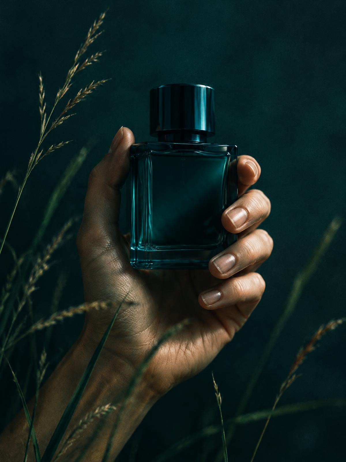Mano sosteniendo un frasco de perfume verde azulado
