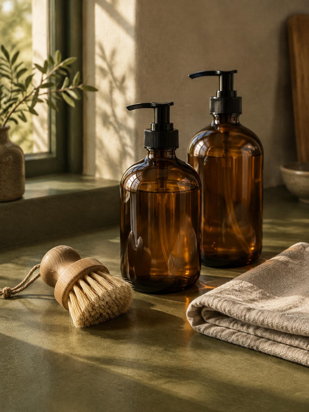 Botellas ámbar, cepillo de madera y paño de lino