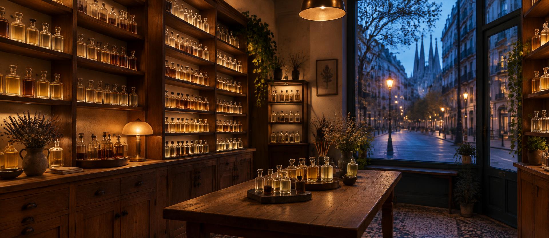 Interior de una perfumería de barrio en Barcelona al anochecer